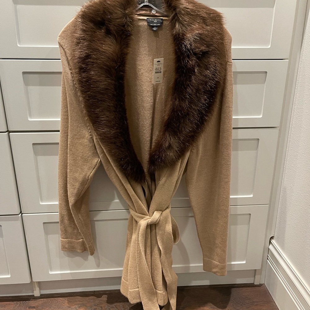Talbots Tan Cardigan with Faux Fur Collar